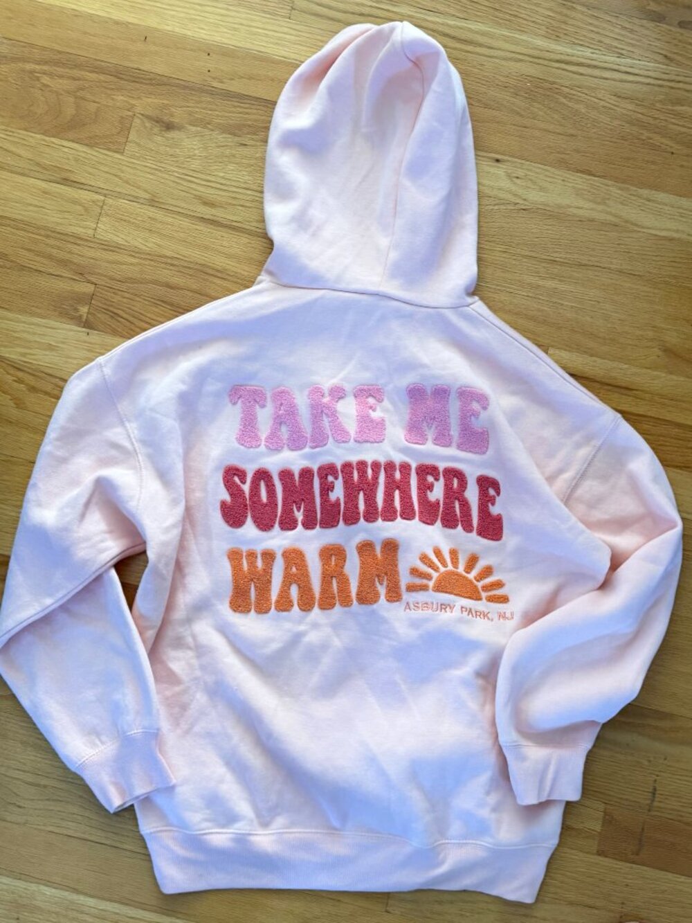 OCEAN DRIVE - Pink Super Soft Hoodie- "Take Me Somewhere Warm / Asbury Park" - S
